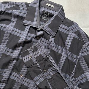 Bugatchi grey and black checkered plaid cotton button up shirt